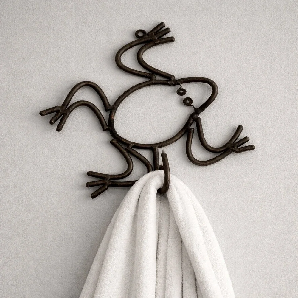 Rustic Metal Frog Wall Hook Hand Forged Iron Key Holder Towel Robe Whimsical